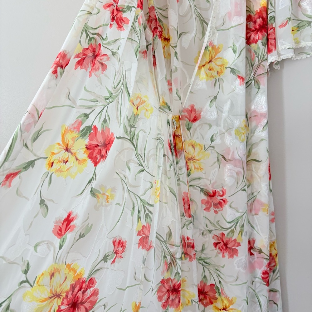 Natori Floral Sheer Lace Trim Wrap Robe Maxi‎ Romantic Vintage Lingerie Small - Picture 7 of 14
